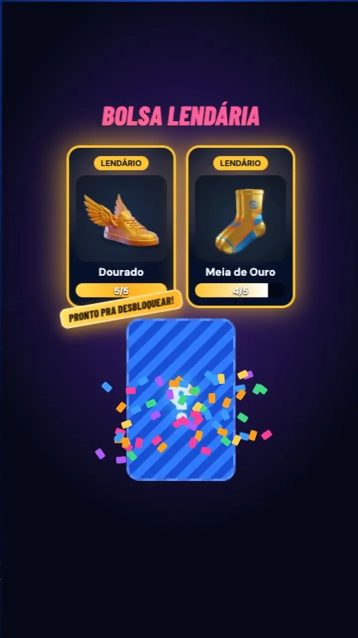 Bolsa lendária aberta mostrando cartas de itens raros